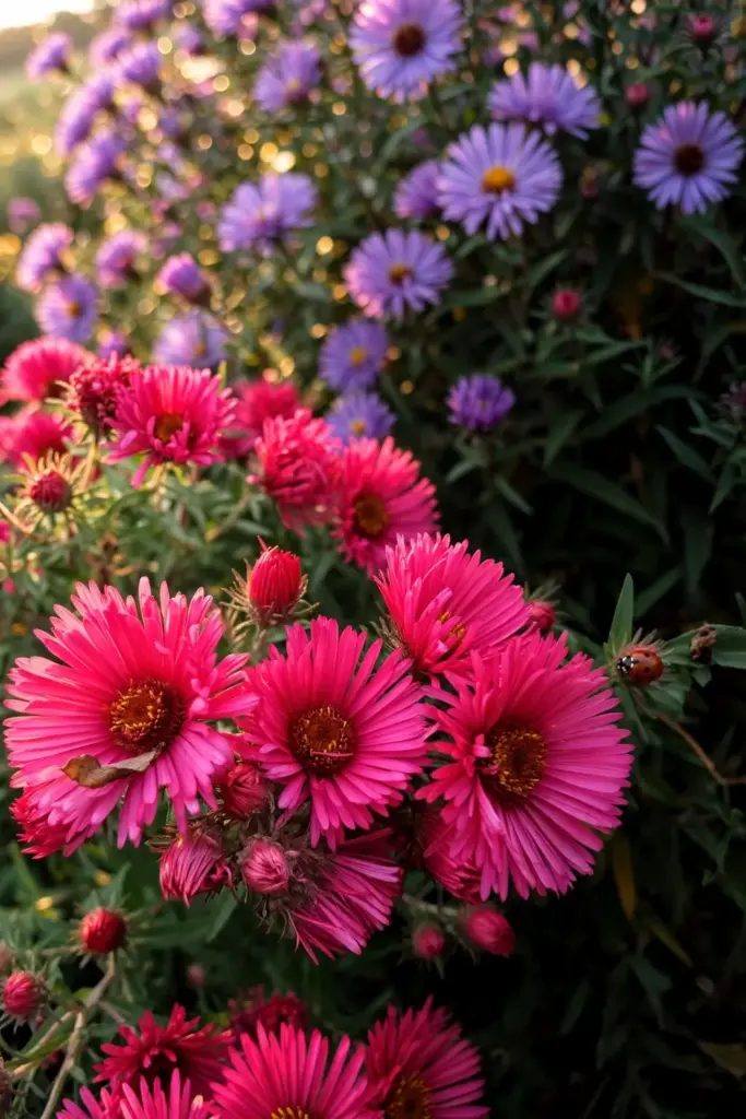 Alma Potschke aster with vivid pink-red blooms in a mid-border planting