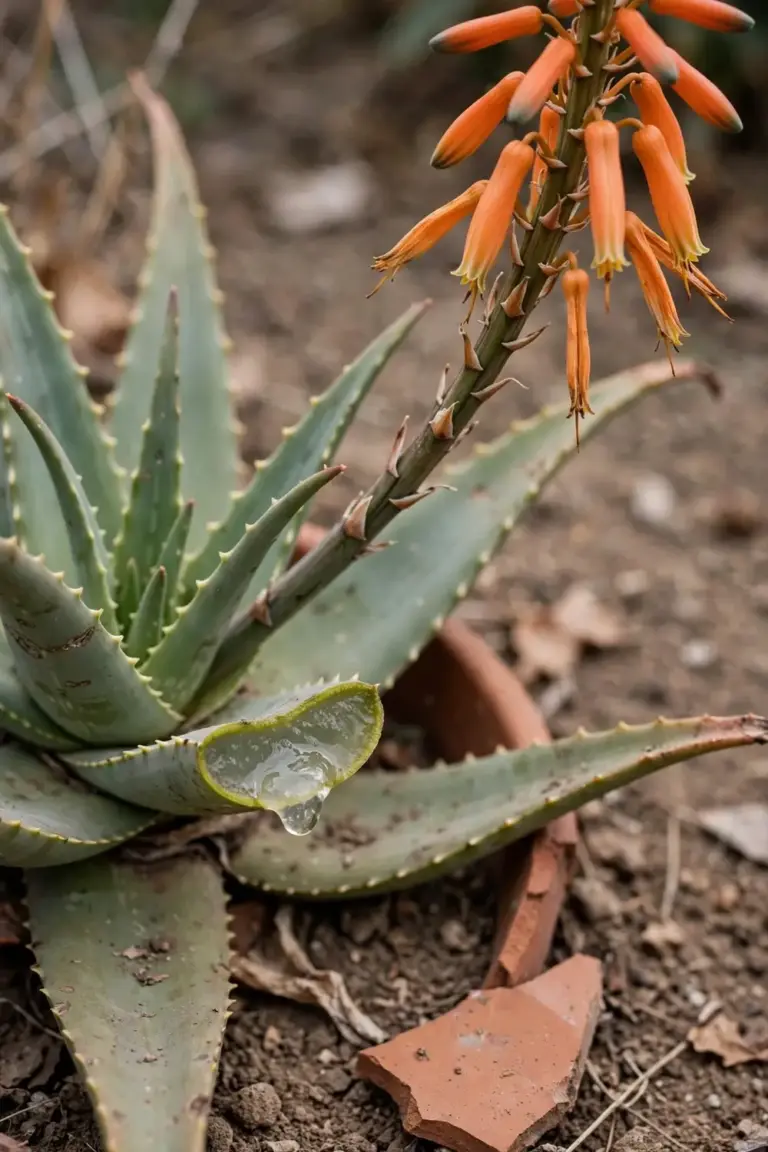 Aloe rosette with soft fleshy leaves and a stalk of orange tube flowers