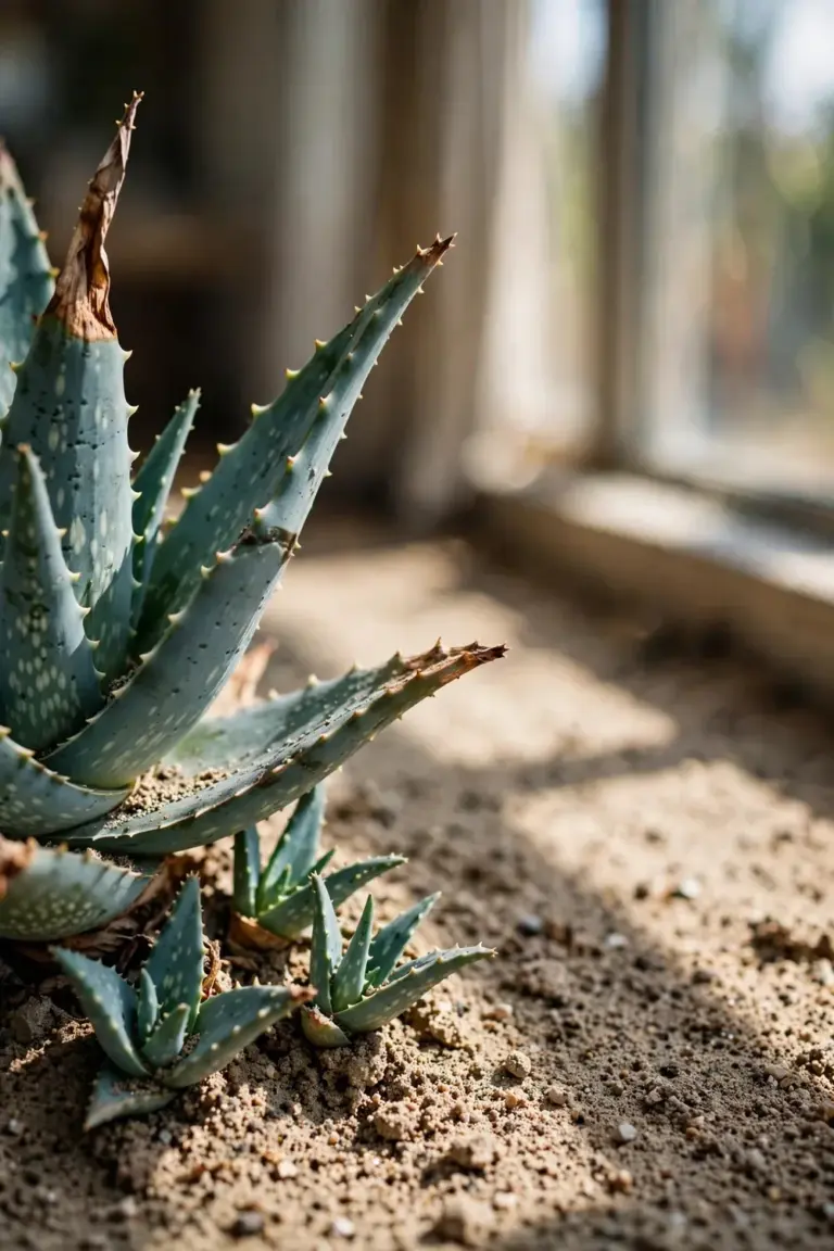 Aloe vera rosette with small pups pushing up around its base