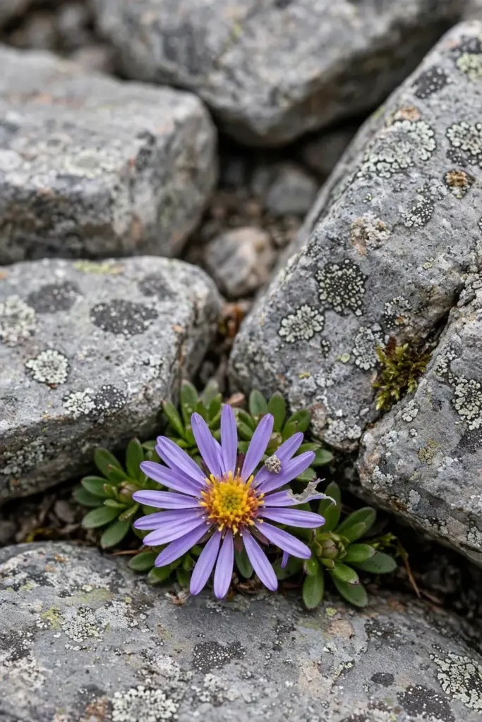 Alpine aster small spring bloom among rocks in a rock garden