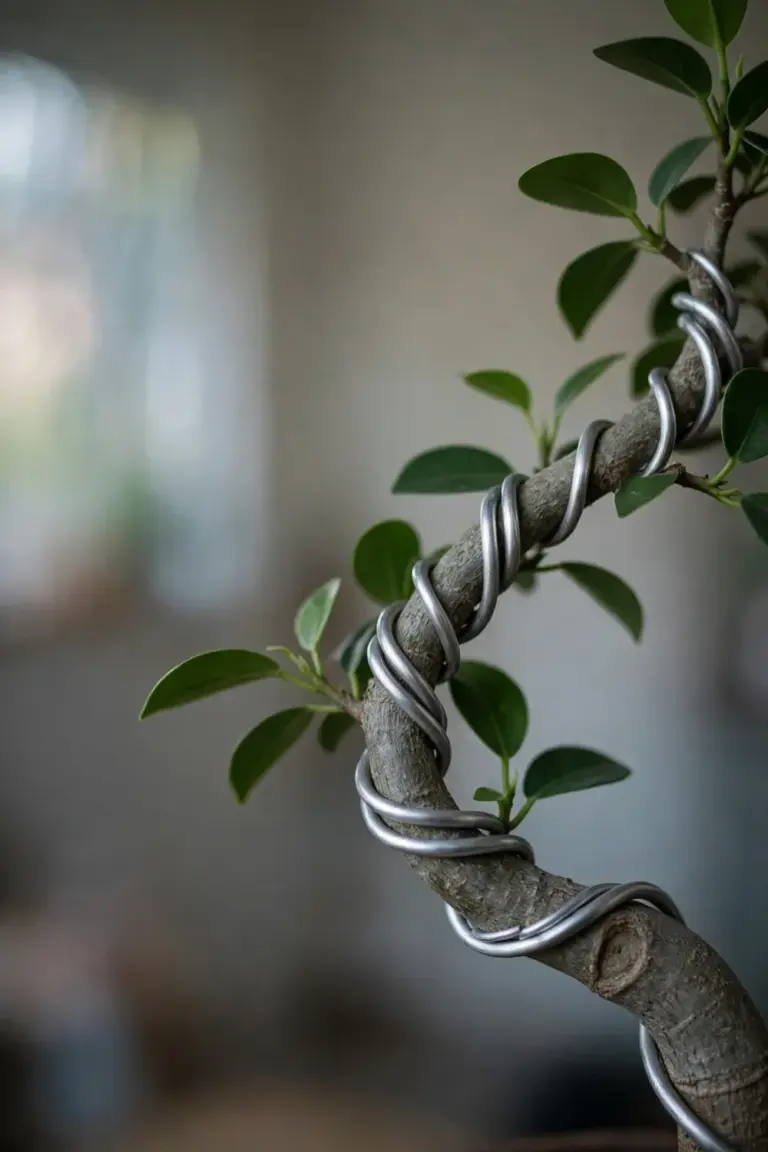 Aluminum bonsai wire wrapped around a young branch for shaping