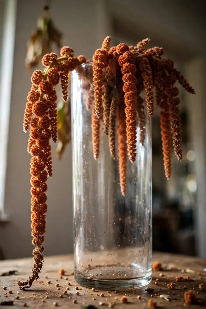 Burnt-orange amaranthus tassels draping over the rim of a tall glass vase