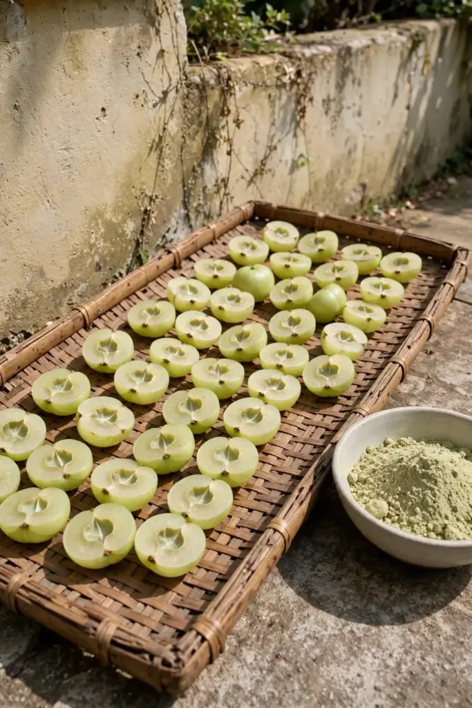 Amla halves drying on a tray beside ground powder