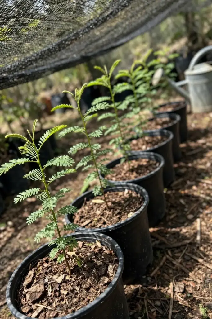 Young amla saplings in nursery pots under shade