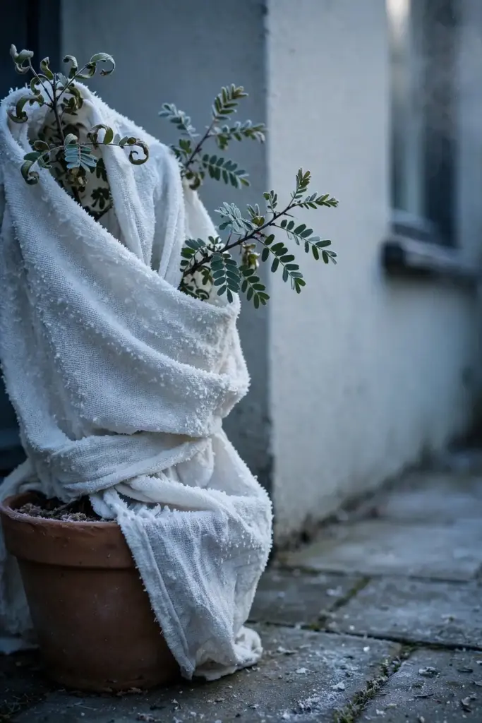 Potted amla tree wrapped in frost cloth