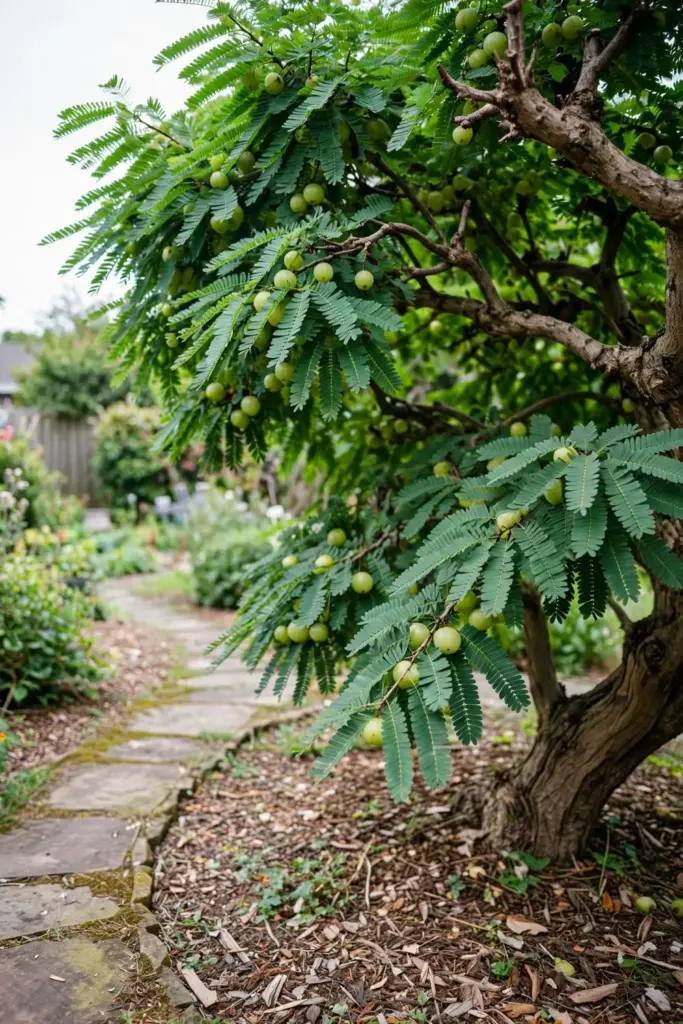 Mature amla tree with fruit in a home garden