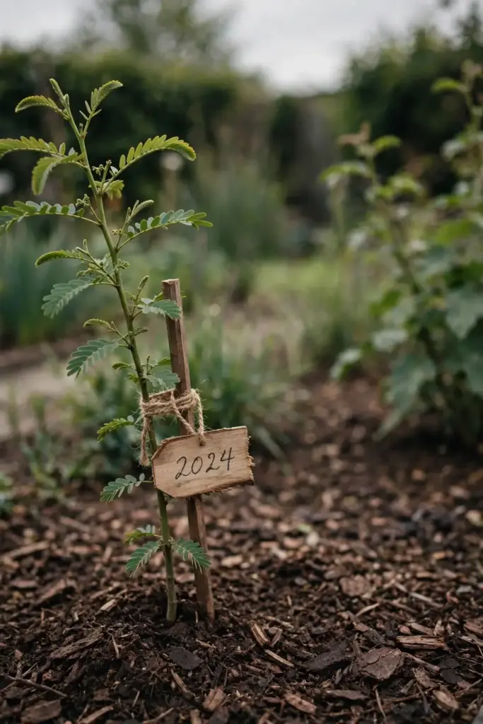 Newly planted amla sapling with a year tag