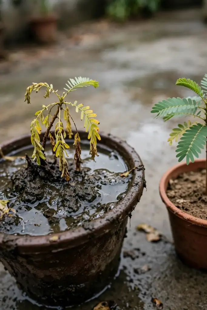 Overwatered amla seedling in soggy soil