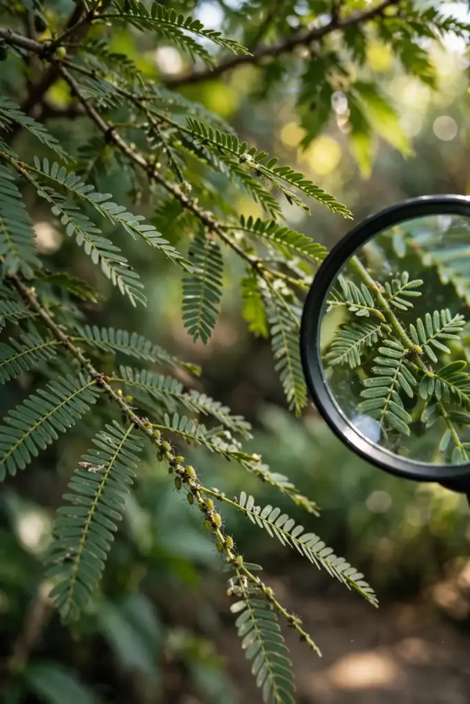 Inspecting amla leaflets for pests with a magnifier