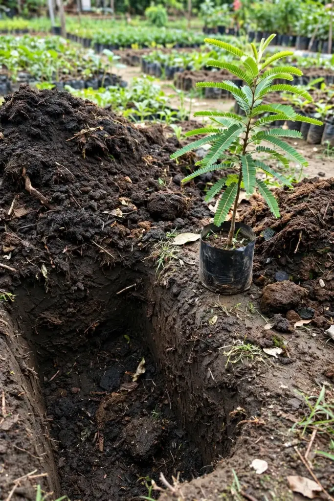 Planting pit prepared with compost for an amla tree