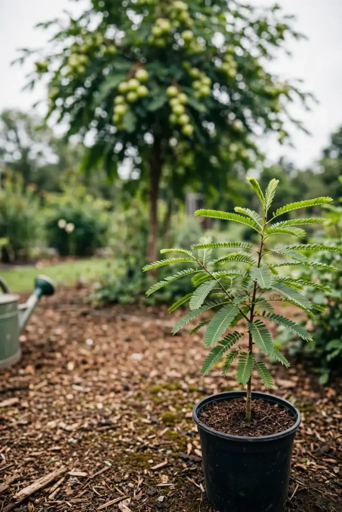 Amla sapling in a pot before a mature fruiting tree