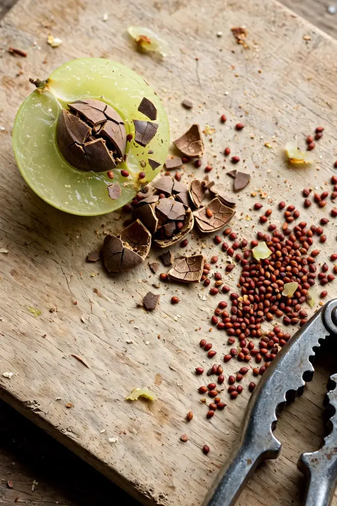 Amla pit cracked open revealing red-brown seeds