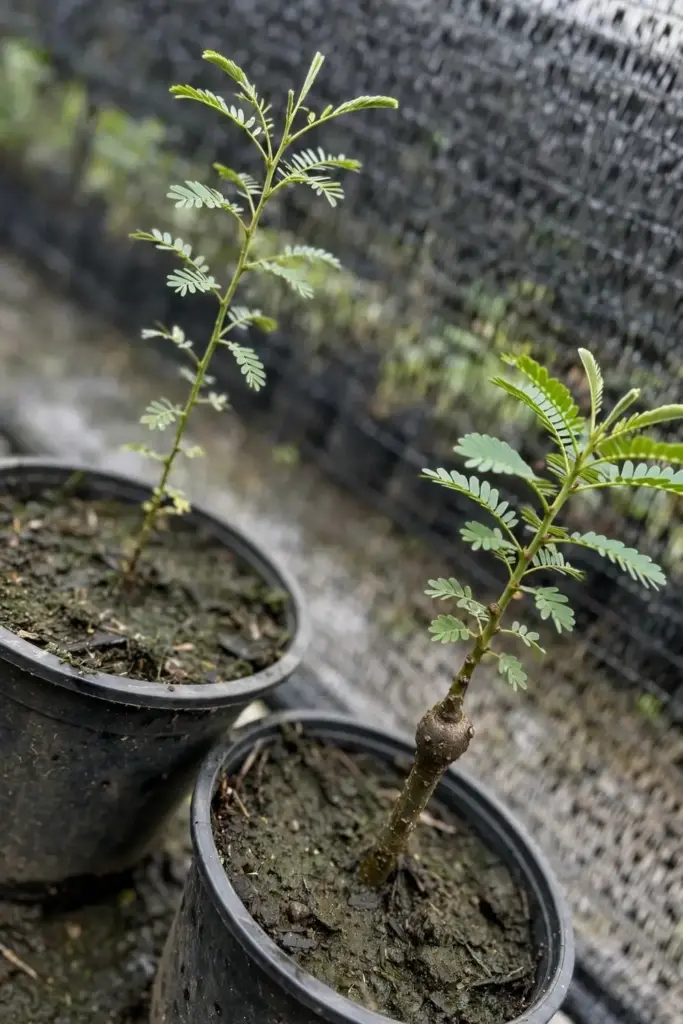 Seedling and grafted amla plants side by side