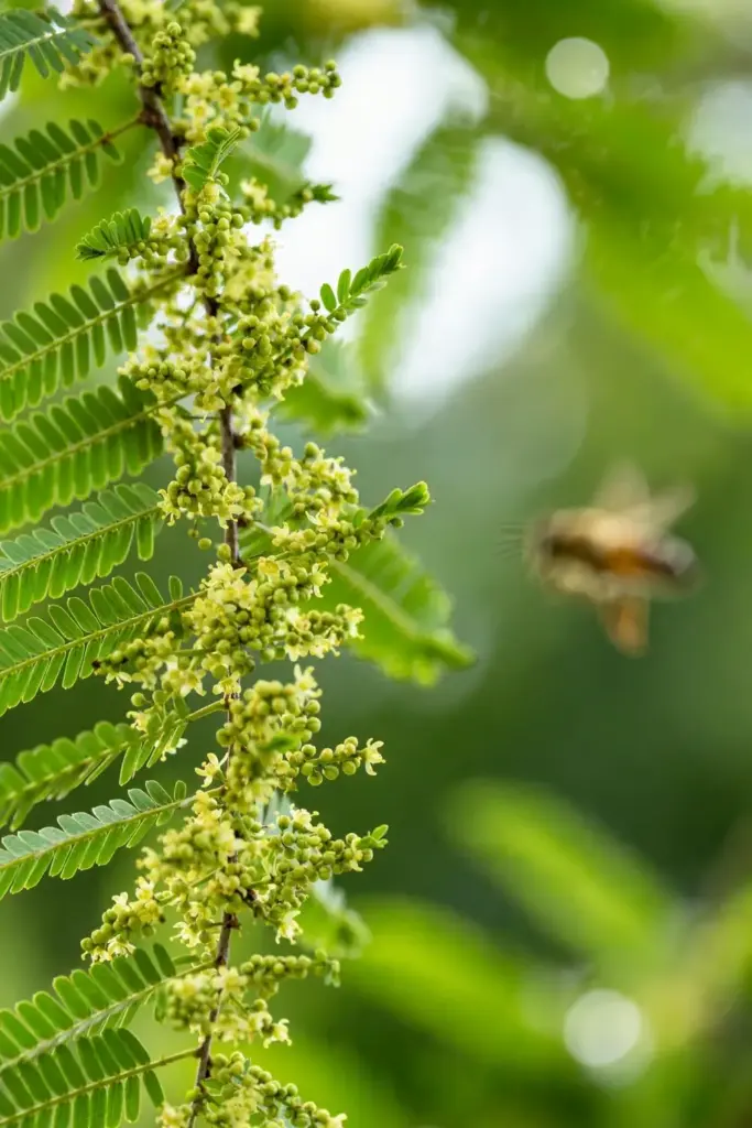 Tiny greenish-yellow amla flowers on a branchlet