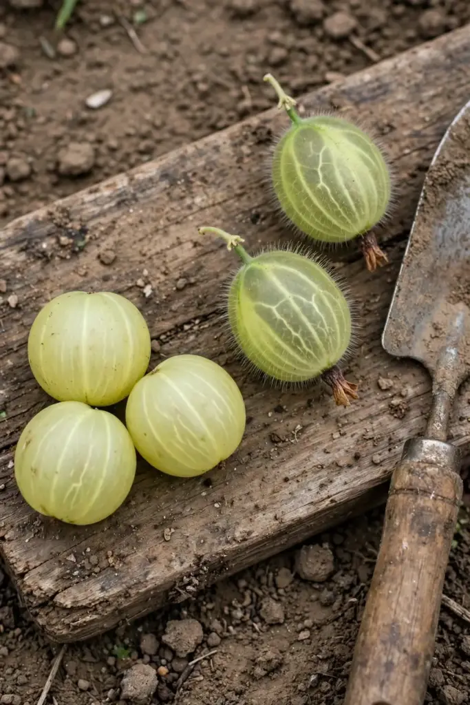 Amla fruit beside European gooseberries for comparison