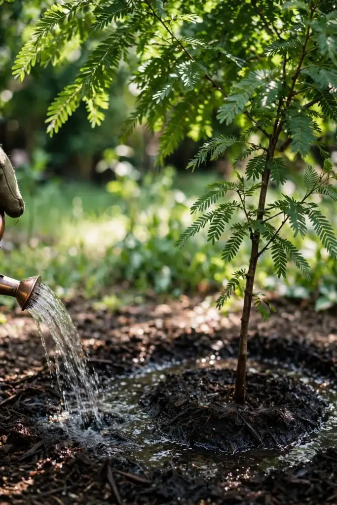 Watering a young amla tree at its base