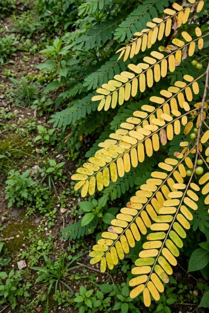 Yellowing amla leaves compared with healthy foliage