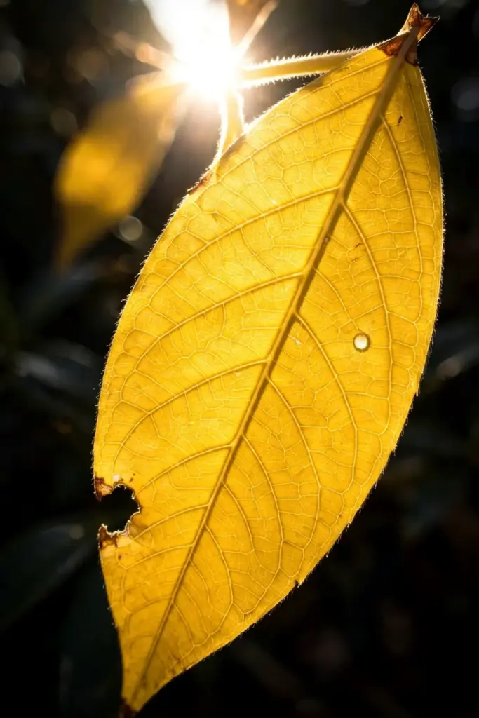 Amsonia leaf glowing butter-yellow and backlit in autumn