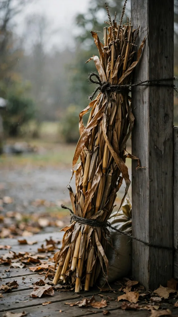 A corn stalk bundle lashed to a porch post against wind