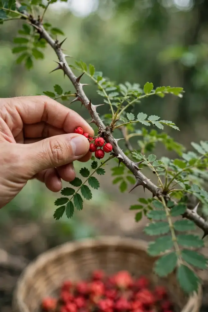 Hand picking red-ripe andaliman pericarps from a thorny branch into a woven basket