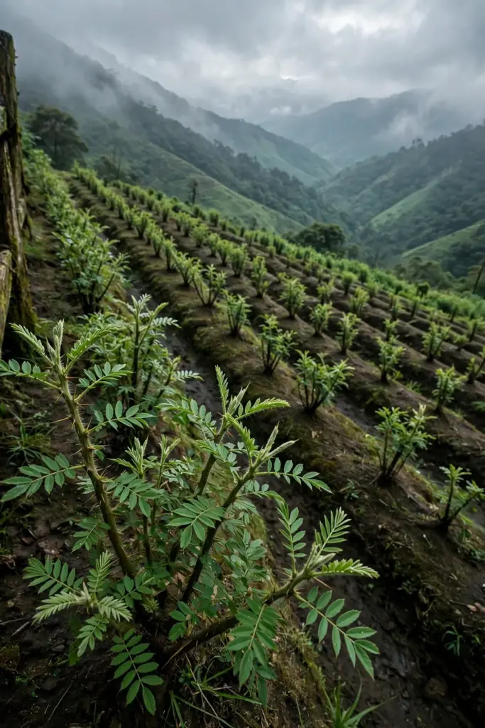 Highland garden rows of young andaliman shrubs under soft mountain light