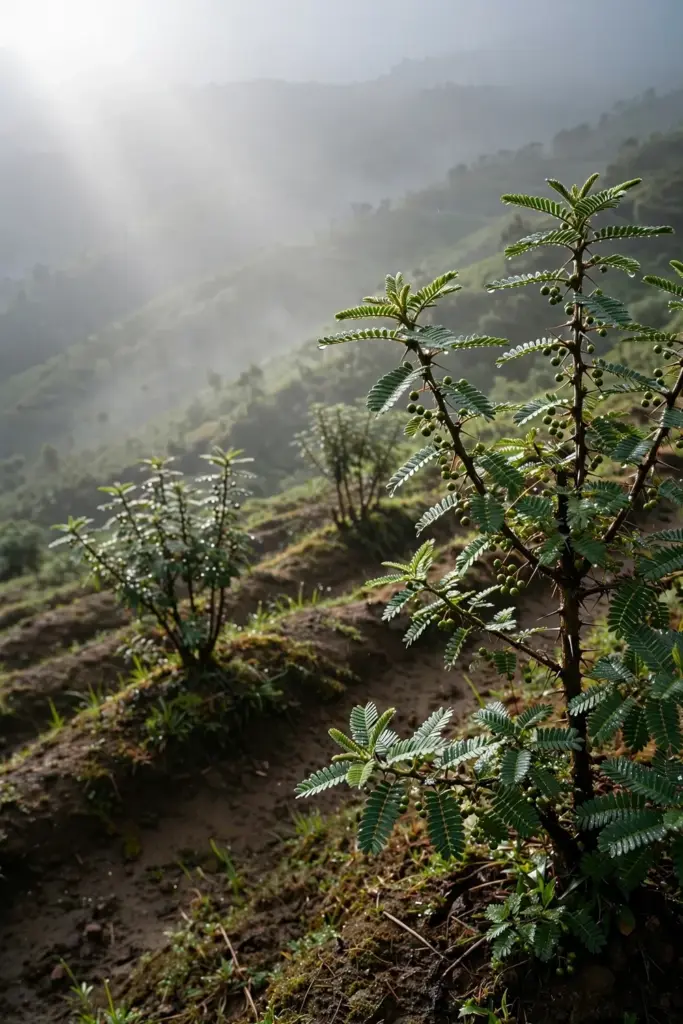 Andaliman shrubs growing on a misty highland slope in cool mountain air