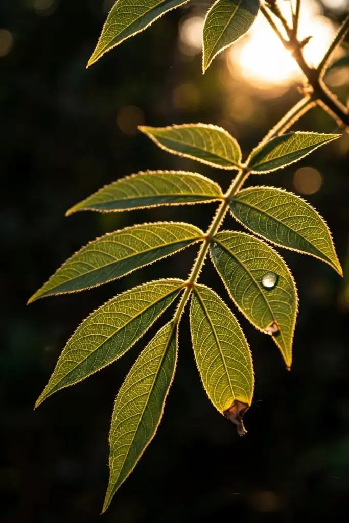 Backlit andaliman leaf showing vein detail and the winged leaf stalk