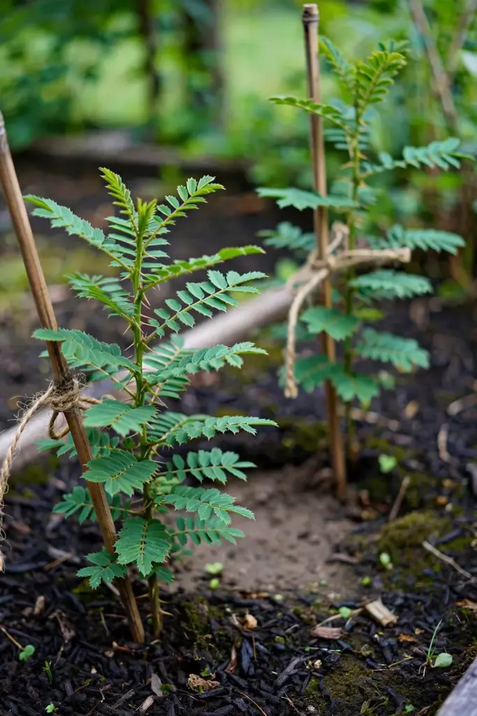 Two young andaliman shrubs planted side by side in a garden bed