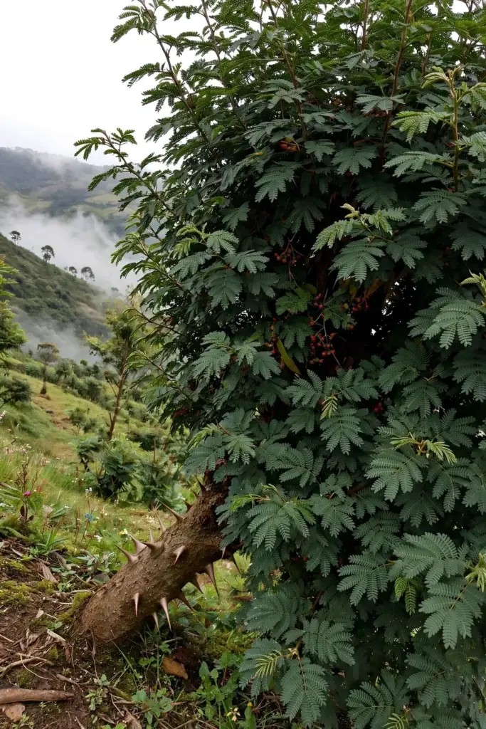 Mature thorny andaliman shrub with dense evergreen canopy in a highland garden
