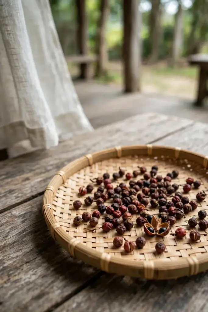 Andaliman pericarps spread thinly on a woven tray drying in warm shade