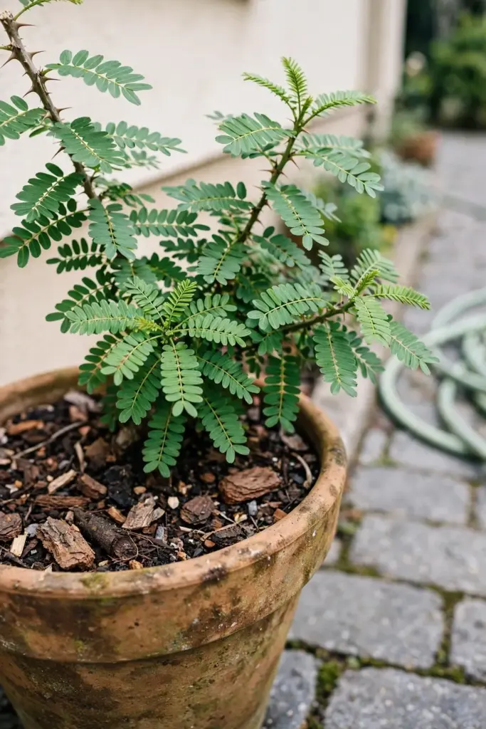 Andaliman shrub in a large terracotta pot on a patio before winter move indoors