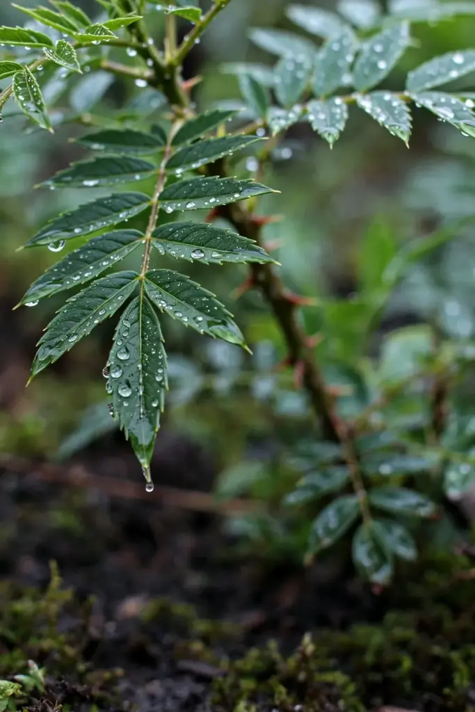 Andaliman foliage beaded with rain droplets after a highland shower