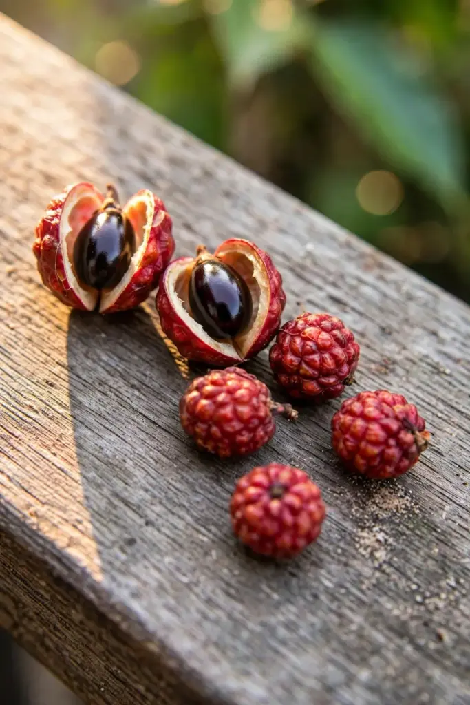 Ripe red andaliman fruits split open revealing purplish-black seeds on wood