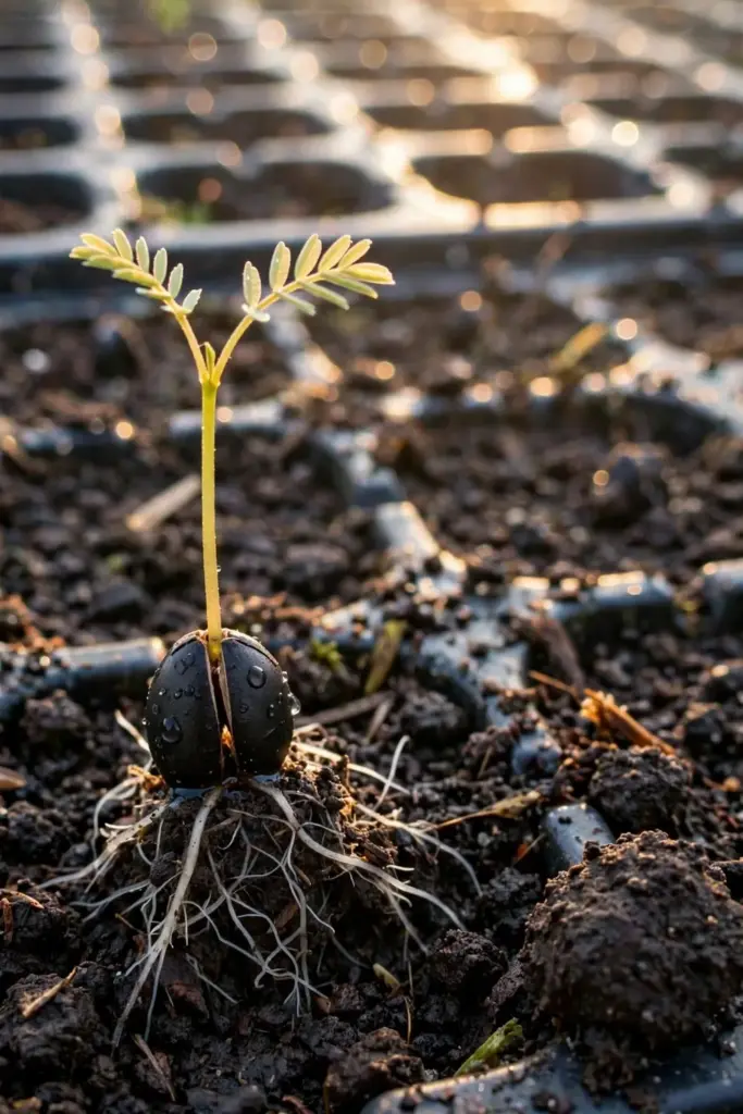 Andaliman seedling sprouting from dark soil with a split seed coat at its base