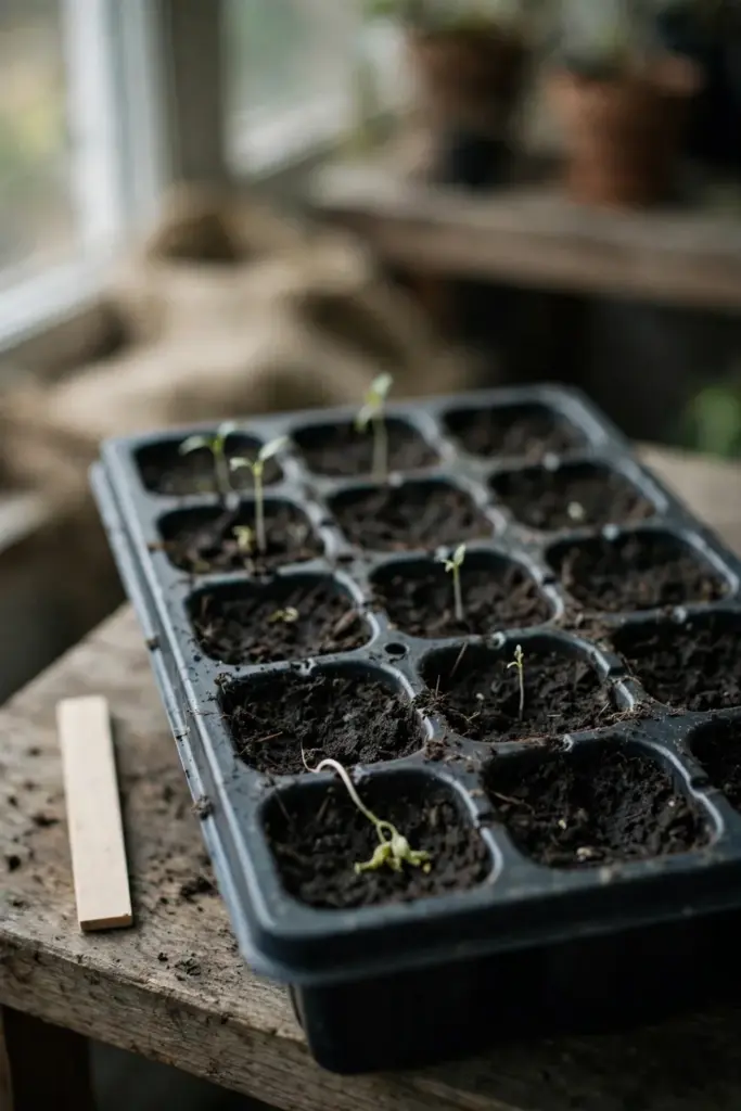 Seed tray with patchy andaliman germination, some sprouts and some empty cells