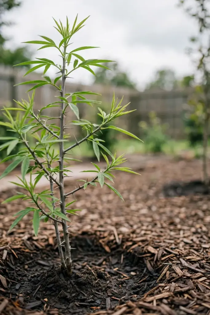 Young andaliman shrub with thorny stems and pinnate leaves in a mulched bed