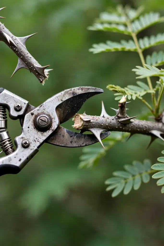 Pruning shears cutting a thorny andaliman branch with sharp spines