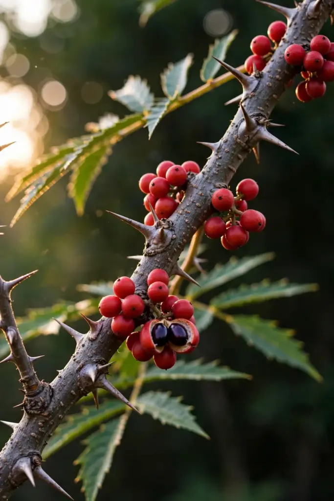 Close-up of an andaliman branch with sharp thorns and clusters of small red fruits