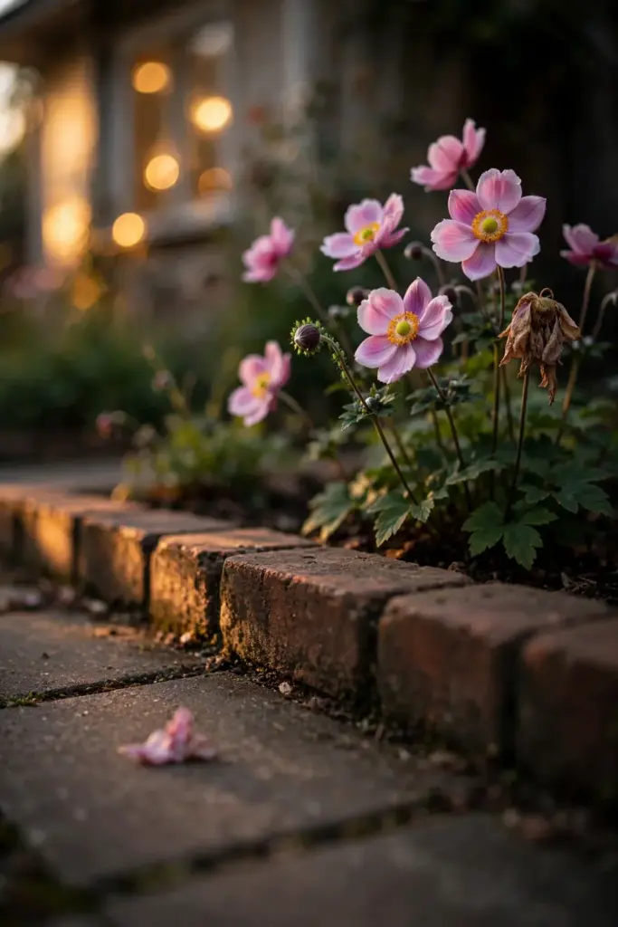 Japanese anemones blooming behind a low brick edging, set back from the path