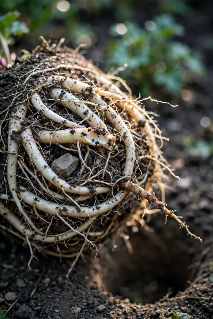 Lifted Japanese anemone root ball showing rhizomes beside its planting hole