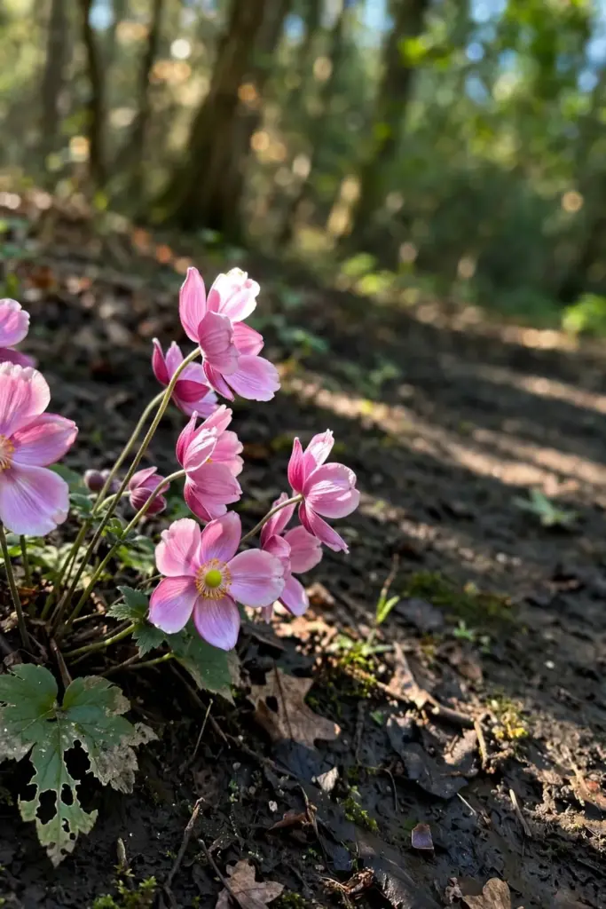 Pink Japanese anemones blooming in a moist woodland-edge bed under dappled shade
