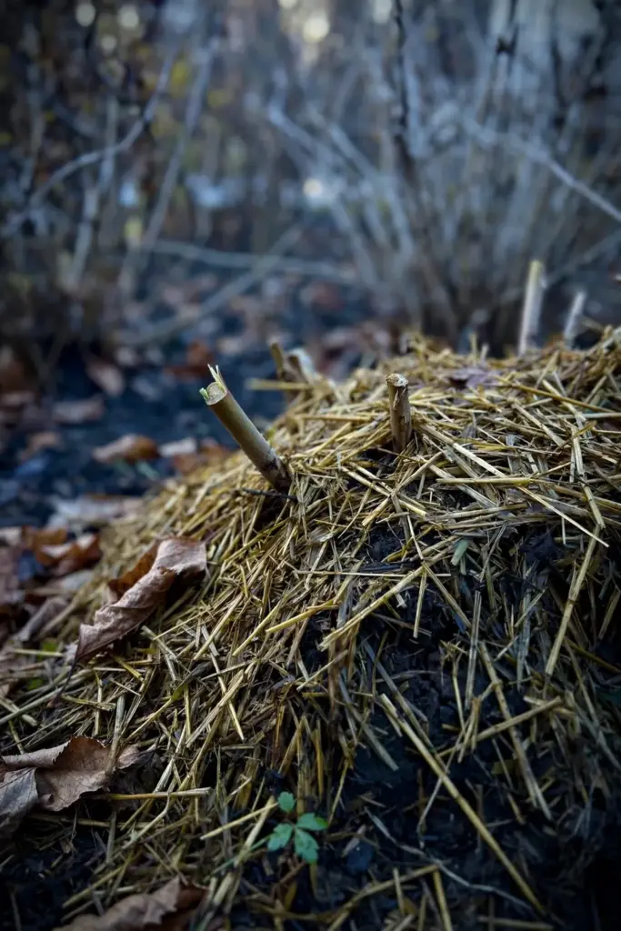 Anemone crowns tucked under straw mulch with fallen leaves for winter