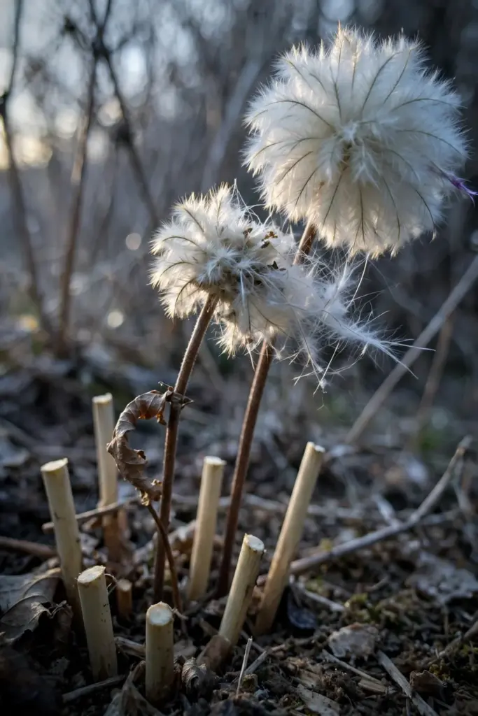 Fluffy anemone seed heads left standing beside cut stems in late fall