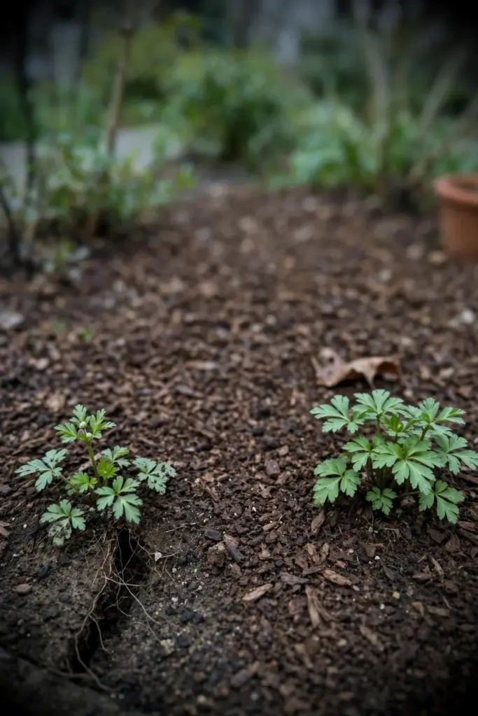 Two young anemone plants spaced wide in a mulched bed with room to spread