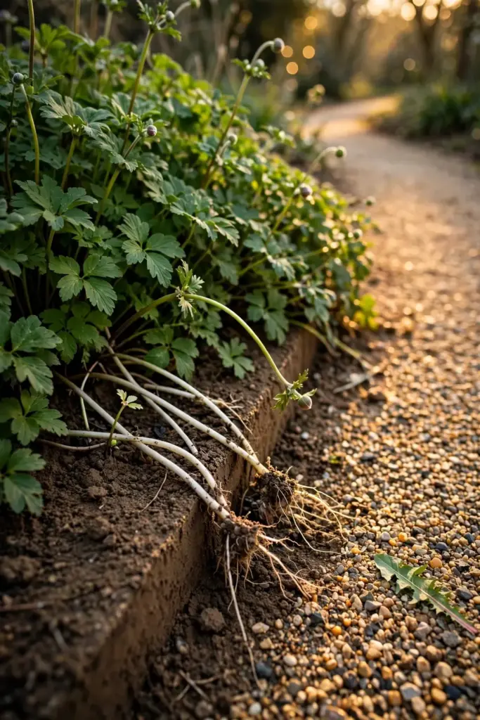 Anemone runners lifted at a spade-cut edge beside a garden path