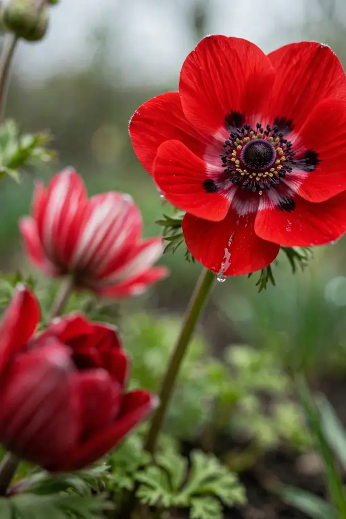 Vivid red anemone blooms with dark centers in spring