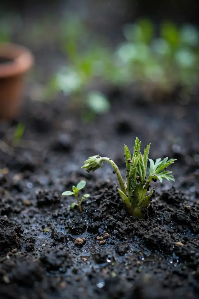 Young Japanese anemone crown newly planted in dark spring soil
