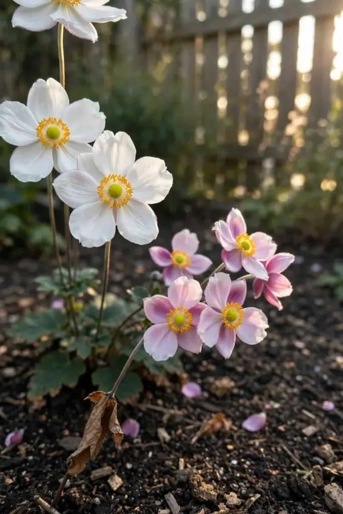 Tall white Honorine Jobert anemones beside shorter pink September Charm in a bed