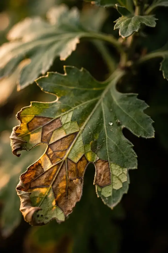 Angular brown blotches with straight edges stopping at leaf veins.