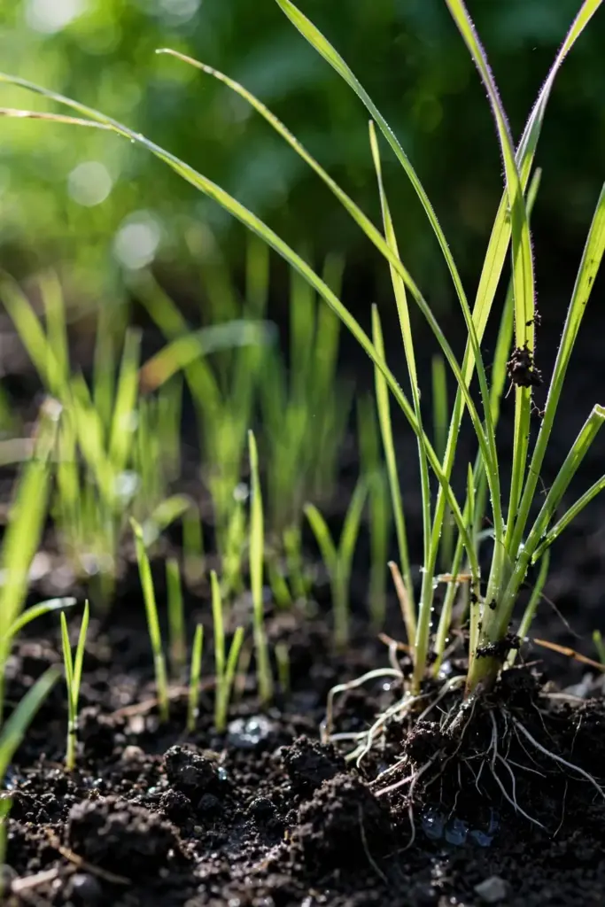 Dense annual ryegrass seedlings with fibrous roots in dark soil